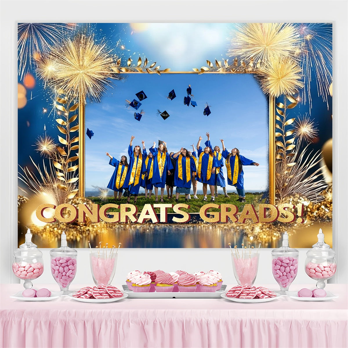 Personalized Graduation Backdrops Golden Fireworks Graduation Party Backdrop CSH3-255