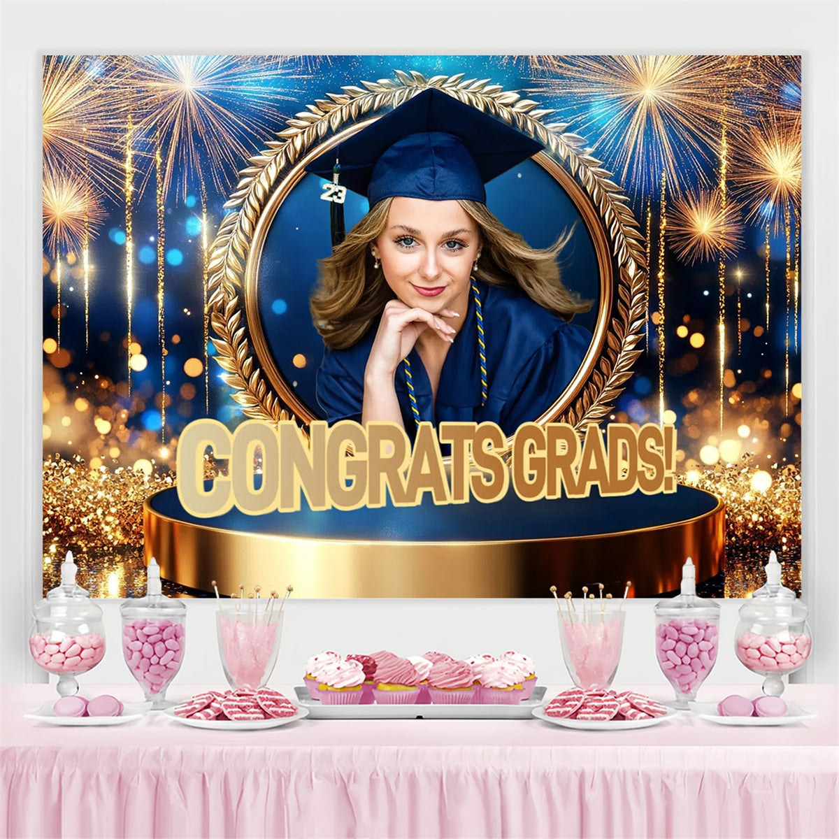Custom Graduation Backdrops Circle Frame Fireworks Graduation Party Backdrop CSH3-256