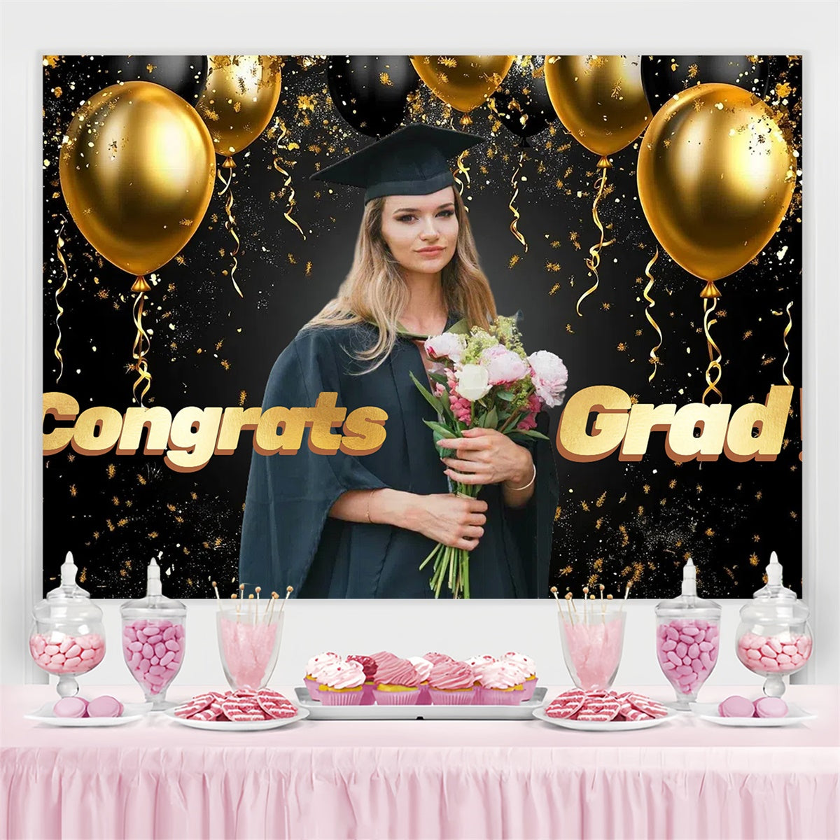 Custom Graduation Photo Backdrop Golden Balloon Graduation Party Backdrop CSH3-259