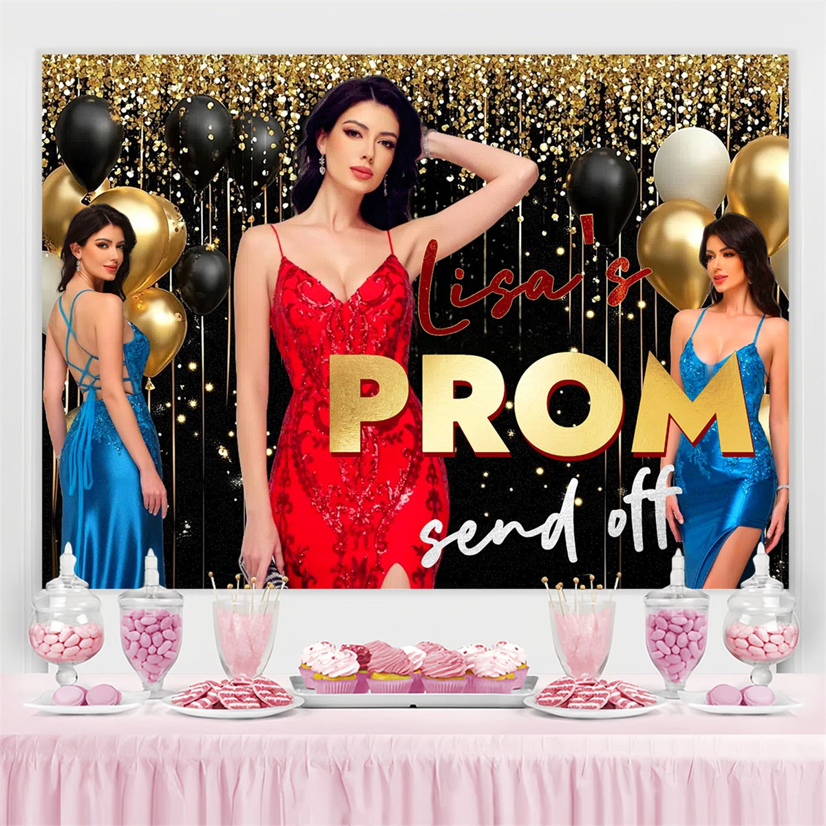 Prom 2025 Backdrop Gold Sparkle Graduation Party Customized Backdrop CSH3-262