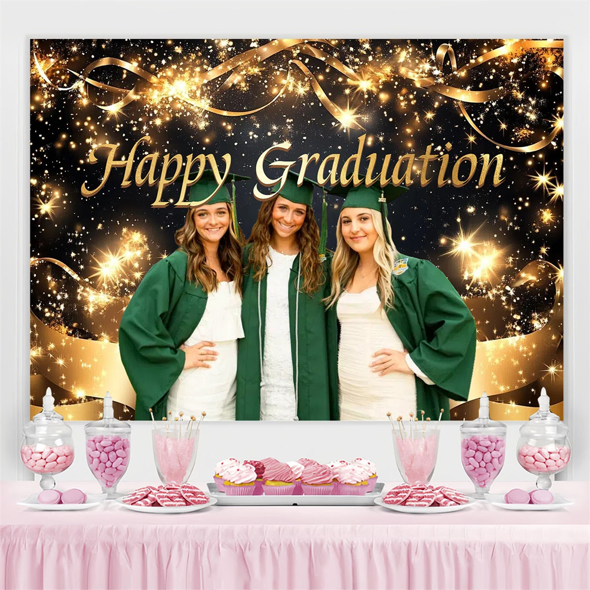 Personalized Graduation Backdrop Gold Ribbon Shine Graduation Party Backdrop CSH3-267