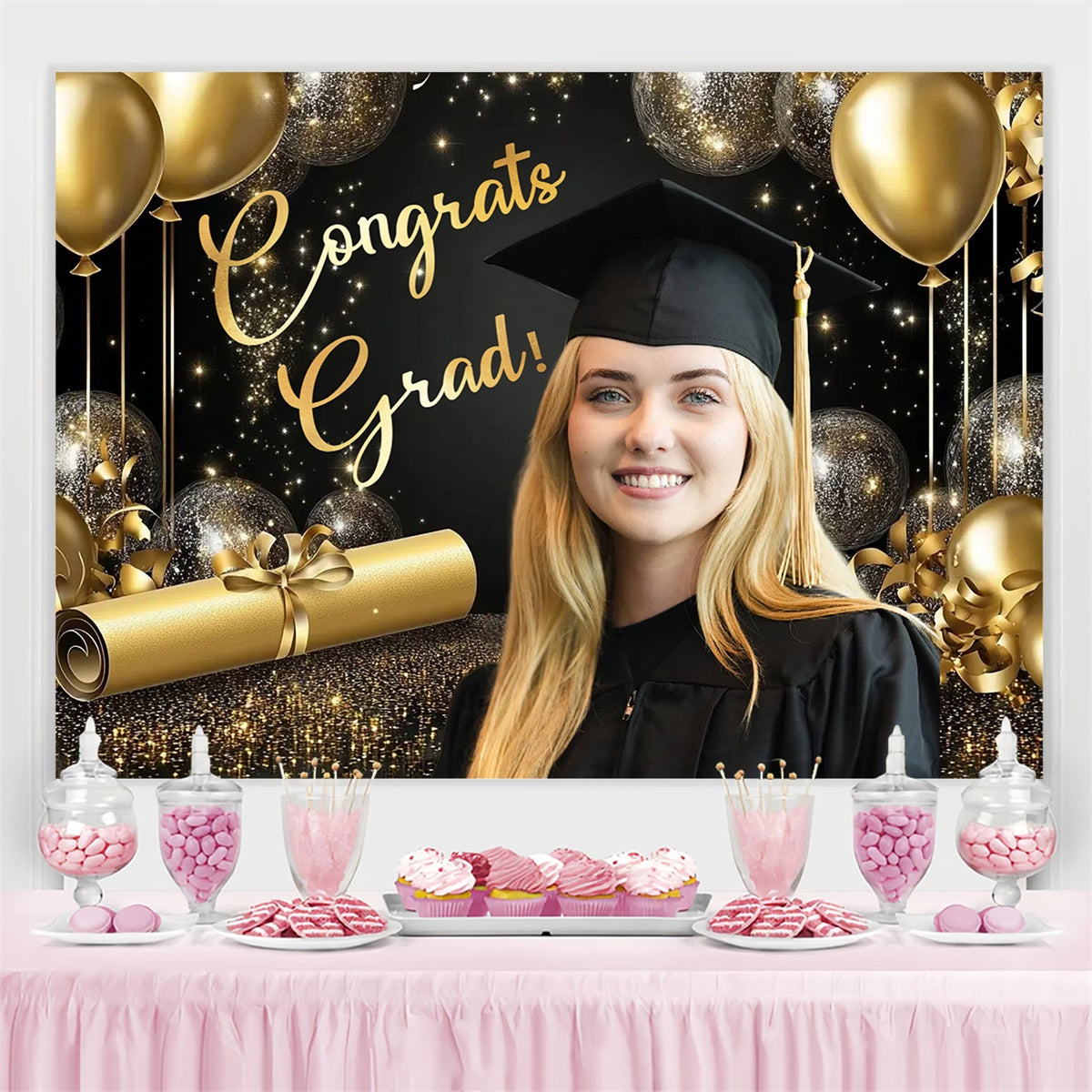 Custom Graduation Photo Backdrop Gold Theme Graduation Party Backdrop CSH3-269