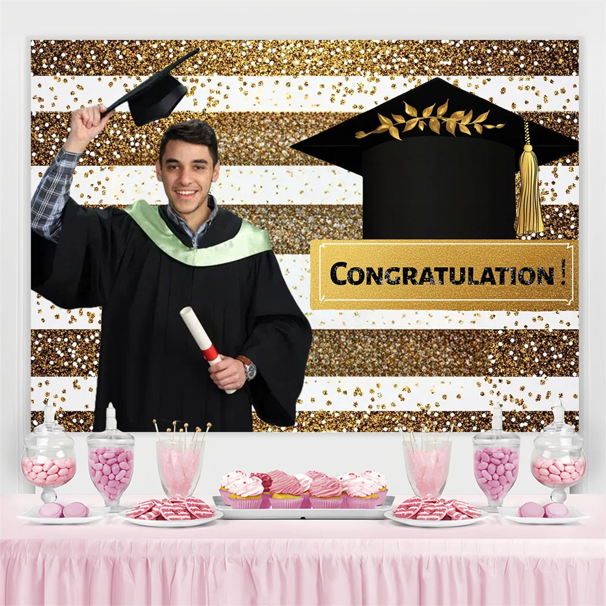 Custom Graduation Backdrop Sparkling Stripe Graduation Party Backdrop CSH3-270