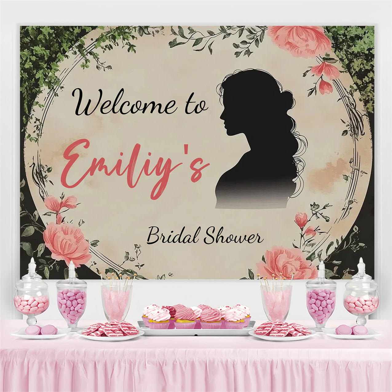 Bridal Shower Photo Backdrop Silhouette Pink Rose Customized Backdrop CSH3-283
