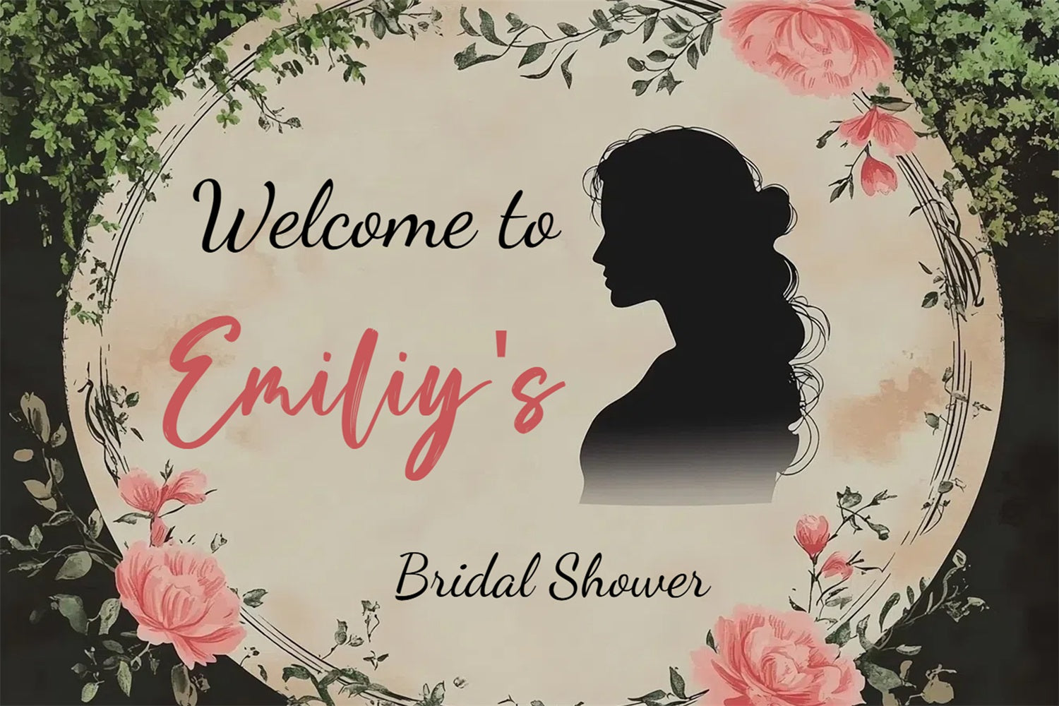 Bridal Shower Photo Backdrop Silhouette Pink Rose Customized Backdrop CSH3-283