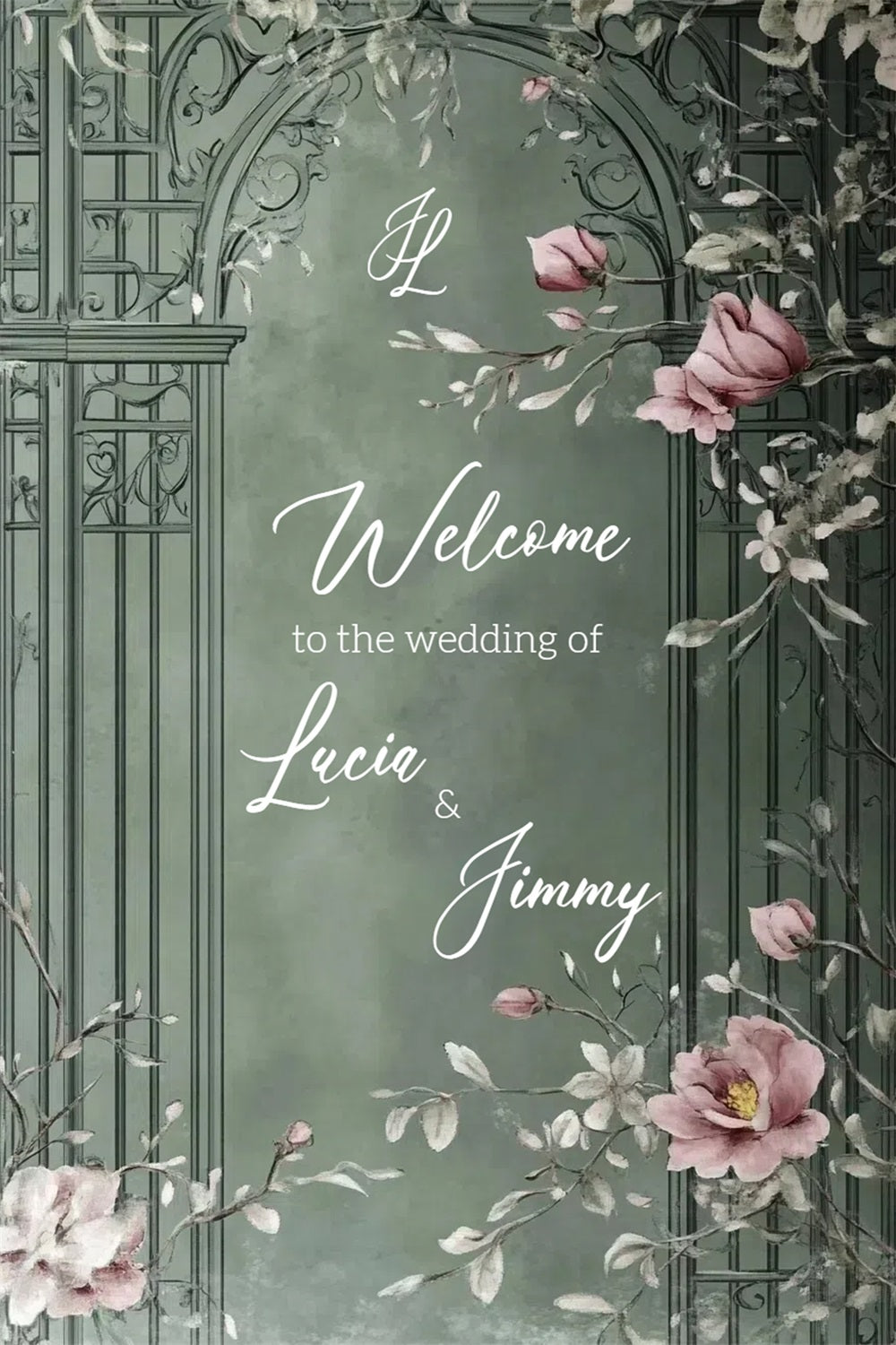 Rustic Wedding Backdrop Green Arch Floral Personalized Backdrop CSH3-286