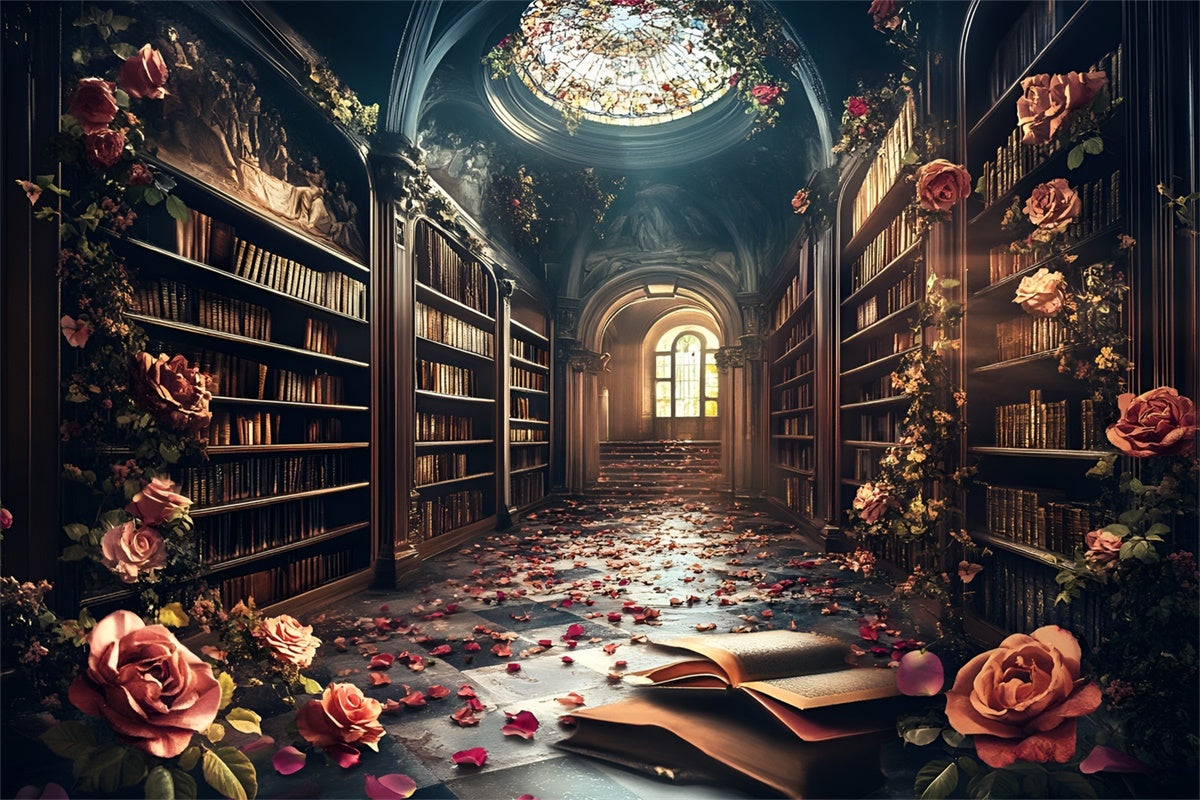 Back To School Picture Backdrop Enchanted Rose Library Backdrop CSH3-3