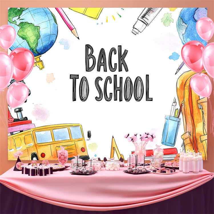 Backdrop For Back To School Watercolor School Supplies Backdrop CSH3-50