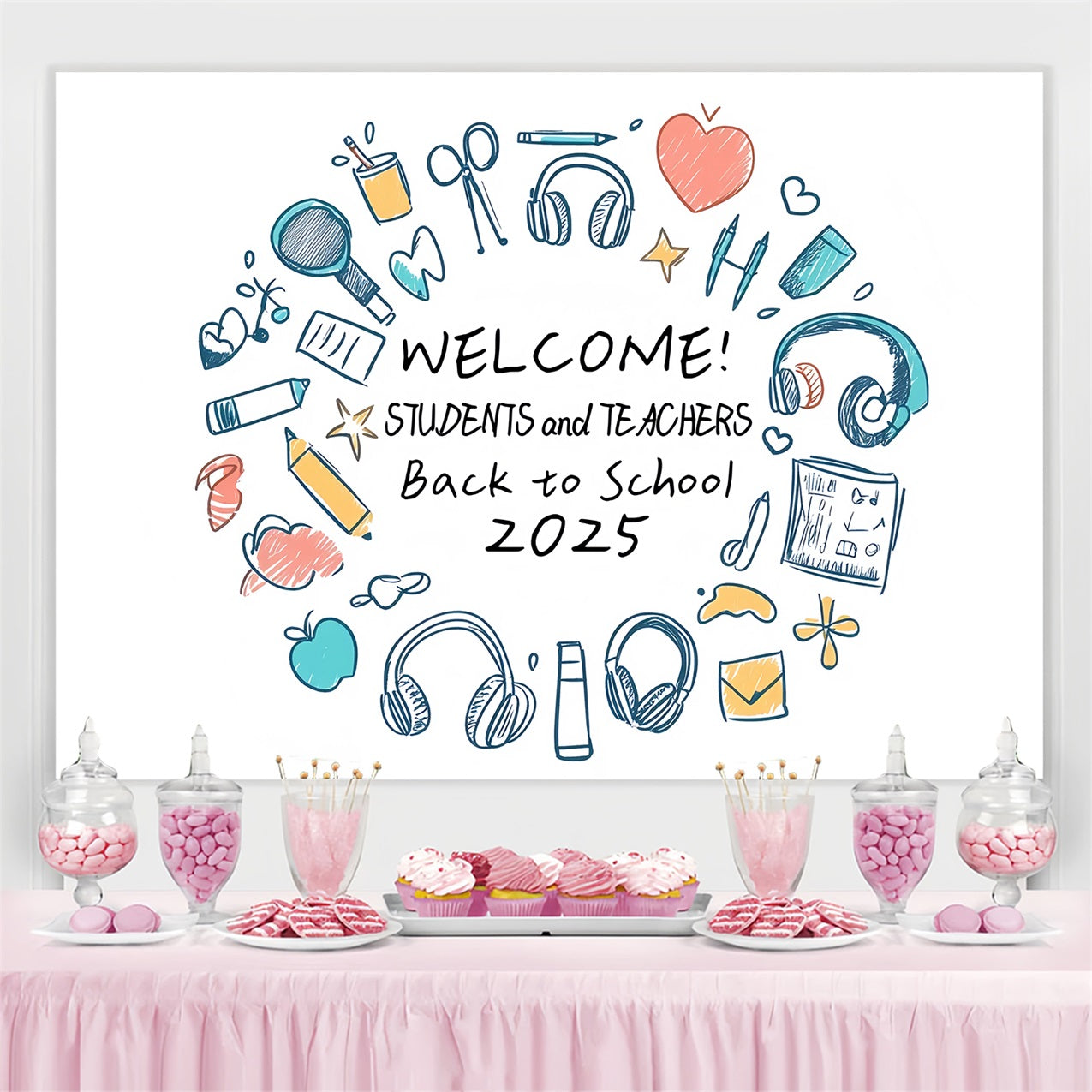 Backdrop For Back To School Hand Drawn School Supplies Backdrop CSH3-58