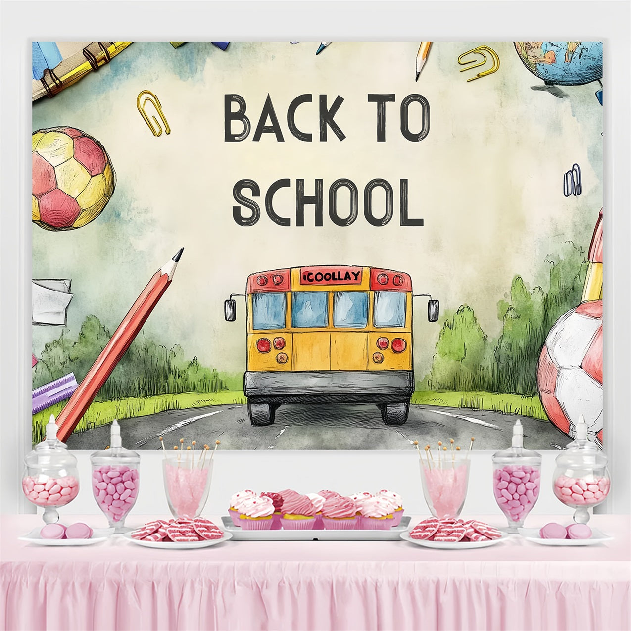 Back To School Backdrop Ideas Watercolor School Bus Road Backdrop CSH3-63