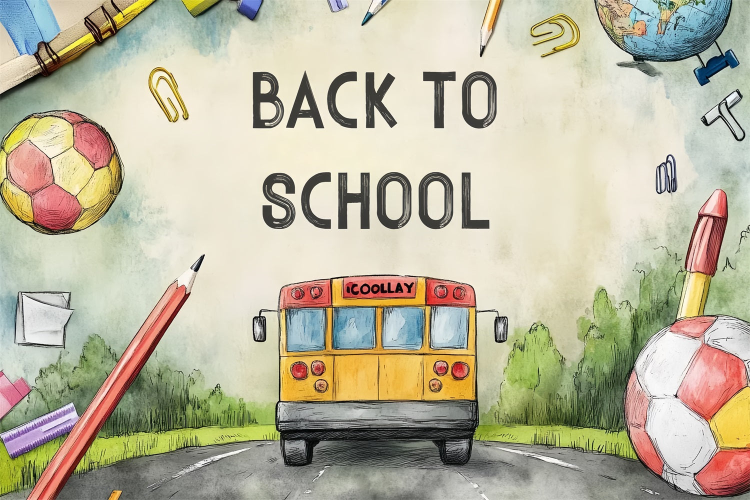 Back To School Backdrop Ideas Watercolor School Bus Road Backdrop CSH3-63