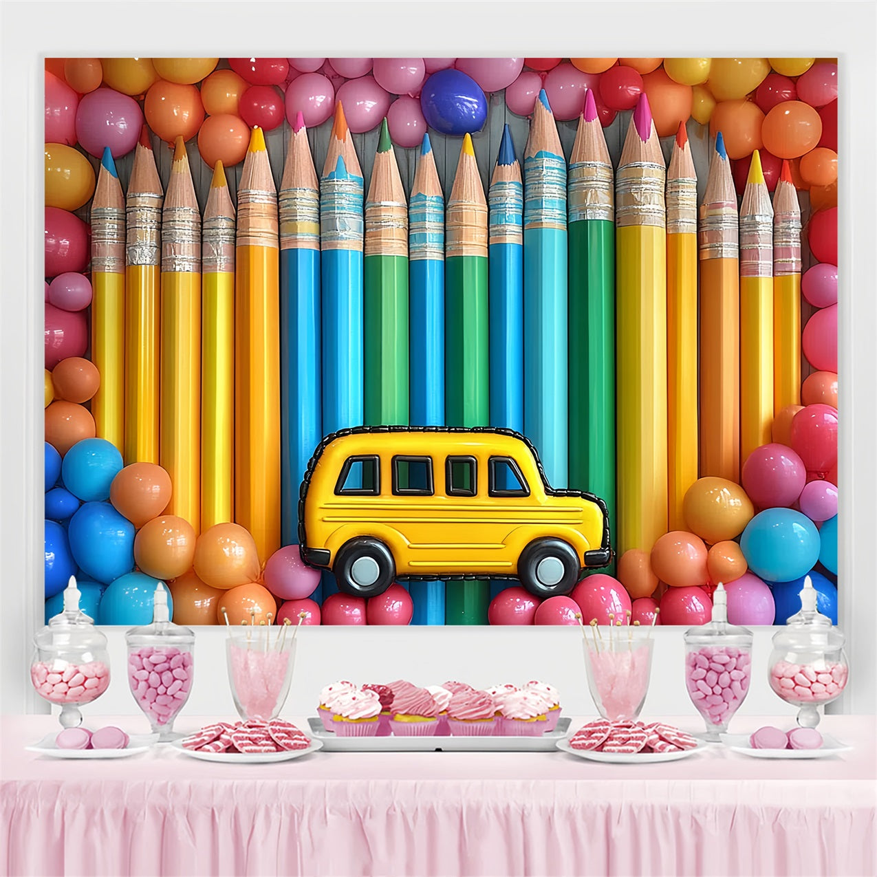 Back To School Backdrop Rainbow Pencils Balloon Celebration Backdrop CSH3-65