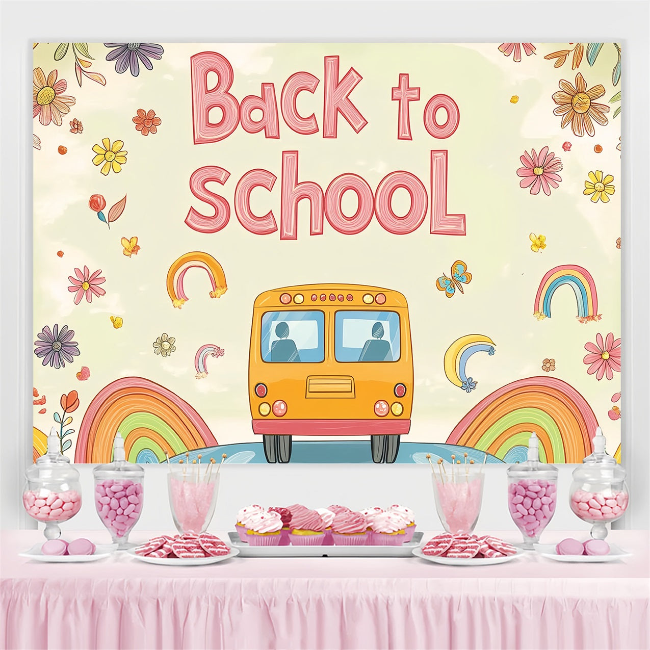Backdrop For Back To School Soft Watercolor School Bus Backdrop CSH3-66