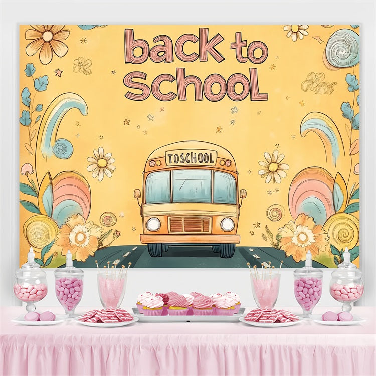Back To School Backdrops Hand-Drawn Floral School Bus Backdrop CSH3-67