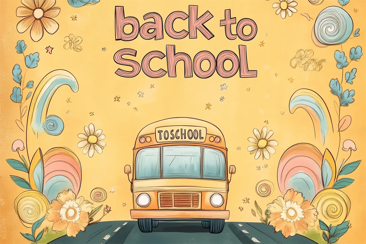 Back To School Backdrops Hand-Drawn Floral School Bus Backdrop CSH3-67