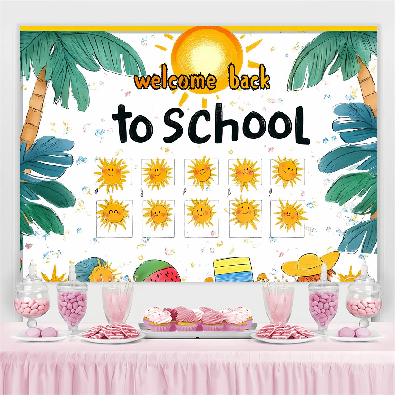 Back To School Photo Backdrop Palm Trees Sunny Welcome Backdrop CSH3-75
