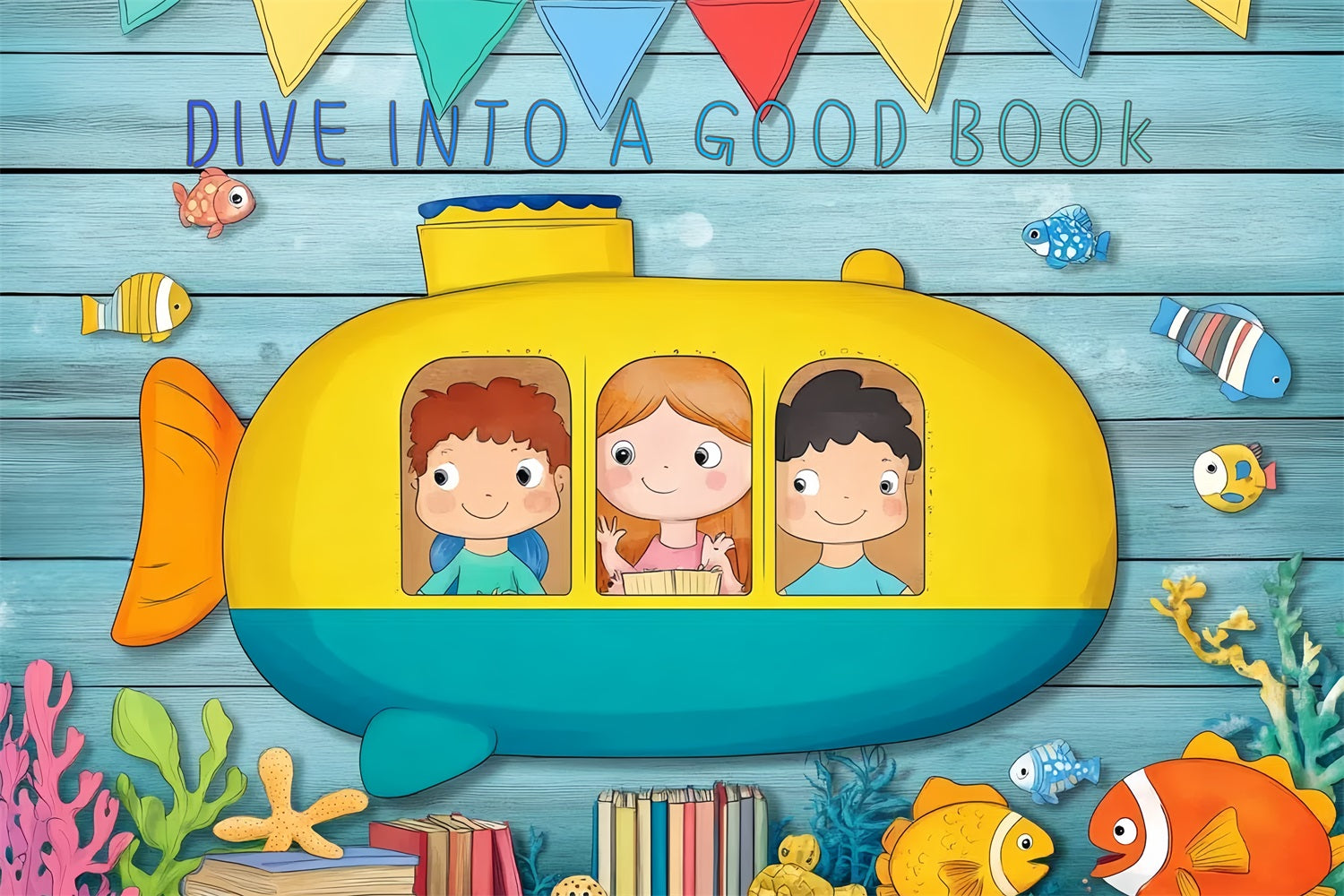Back To School Backdrops Underwater Submarine Reading Backdrop CSH3-76