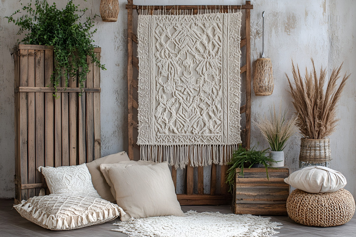Boho Backdrop Ideas Macrame Wall Wooden Crates Backdrop CSH4-135