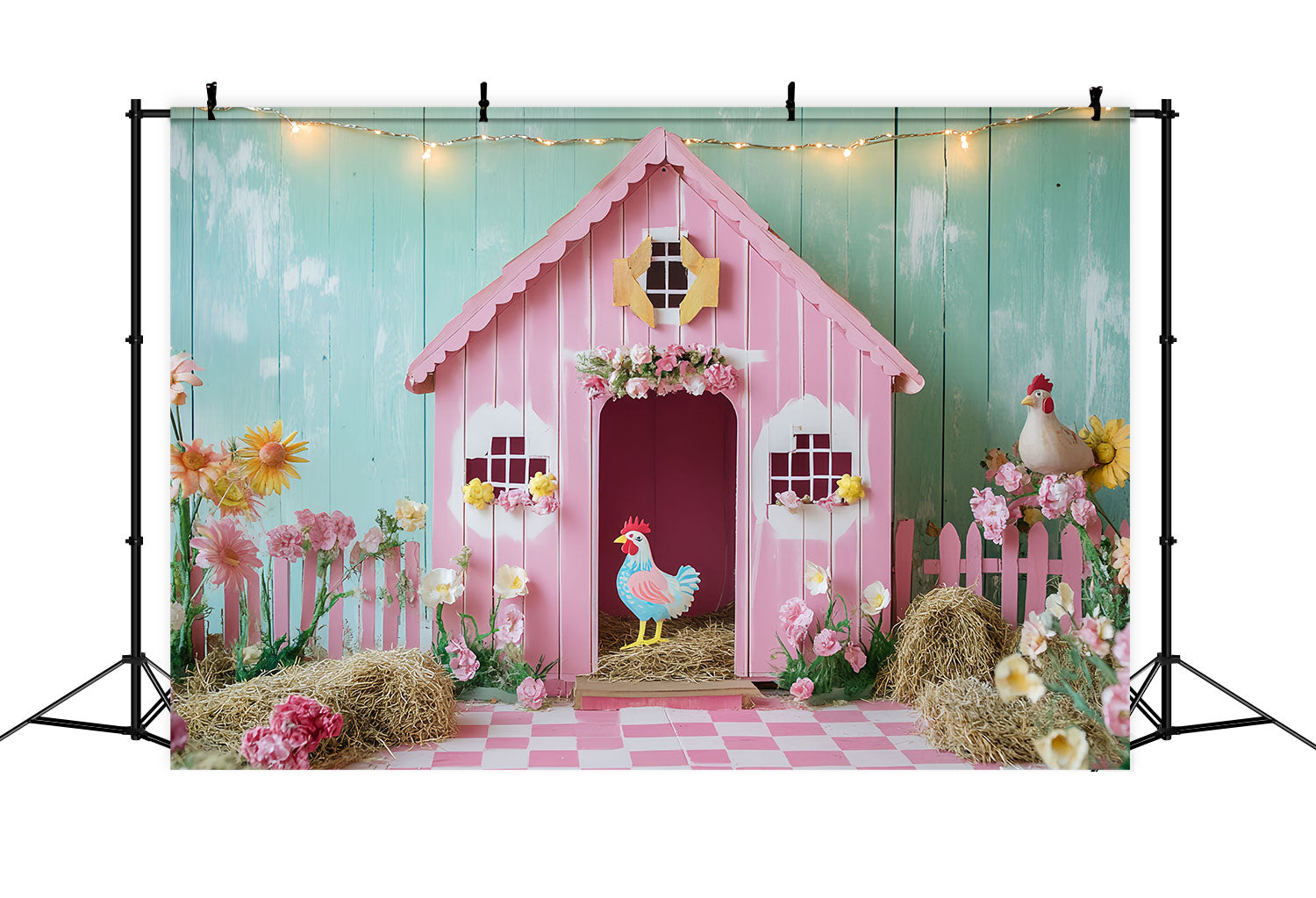 Barn Backdrop Pink Chicken Flowers Backdrop CSH4-204