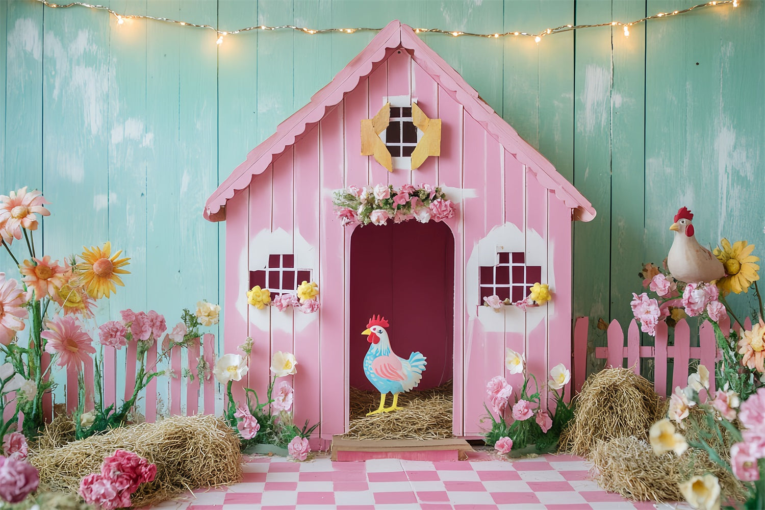 Barn Backdrop Pink Chicken Flowers Backdrop CSH4-204