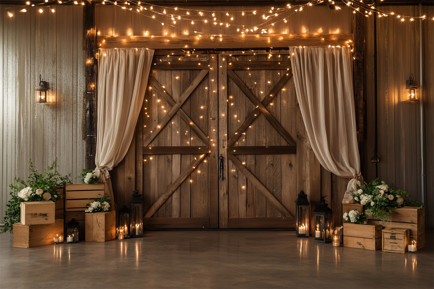 Barn Door Backdrop Twinkle Light Wood Flower Backdrop CSH4-206