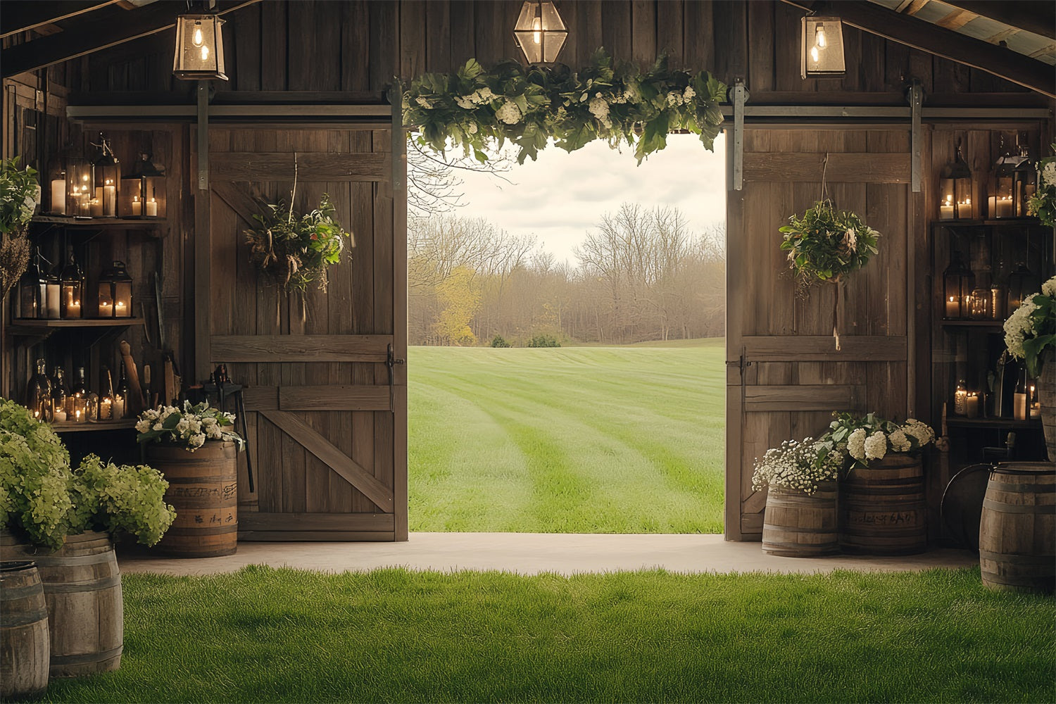 Barn Wood Backdrop Wooden Flower Green Field Backdrop CSH4-218