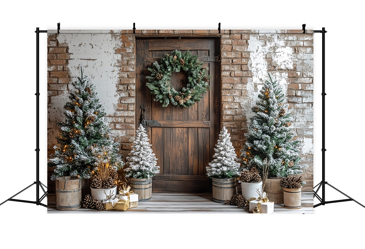 Barn Backdrops Christmas Brick Pine Wreath Backdrop CSH4-221