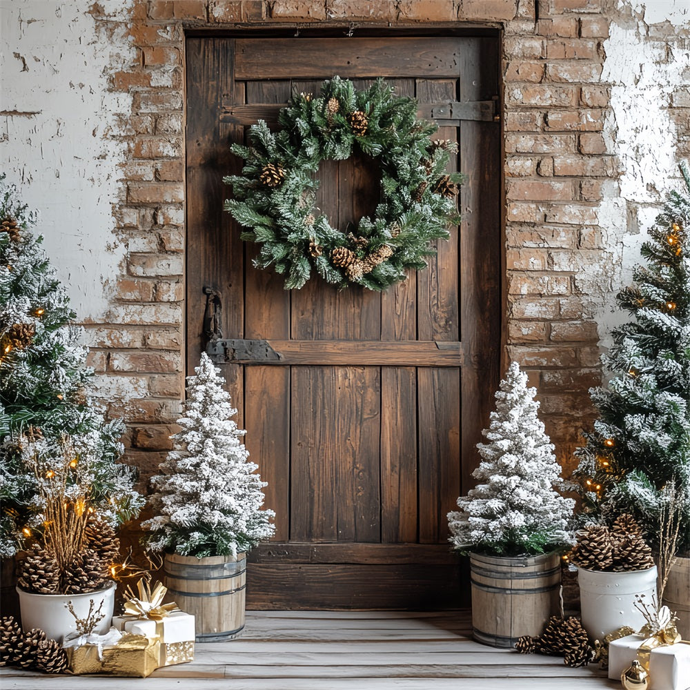 Barn Backdrops Christmas Brick Pine Wreath Backdrop CSH4-221