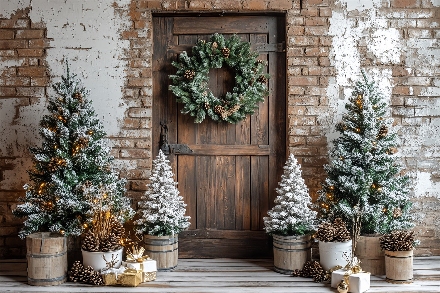 Barn Backdrops Christmas Brick Pine Wreath Backdrop CSH4-221