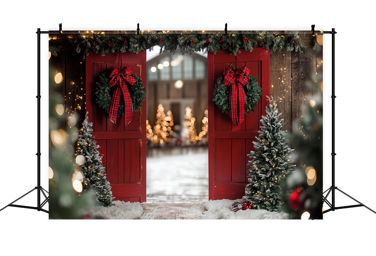 Red Barn Backdrop Christmas Entrance Bow Wreath Backdrop CSH4-223