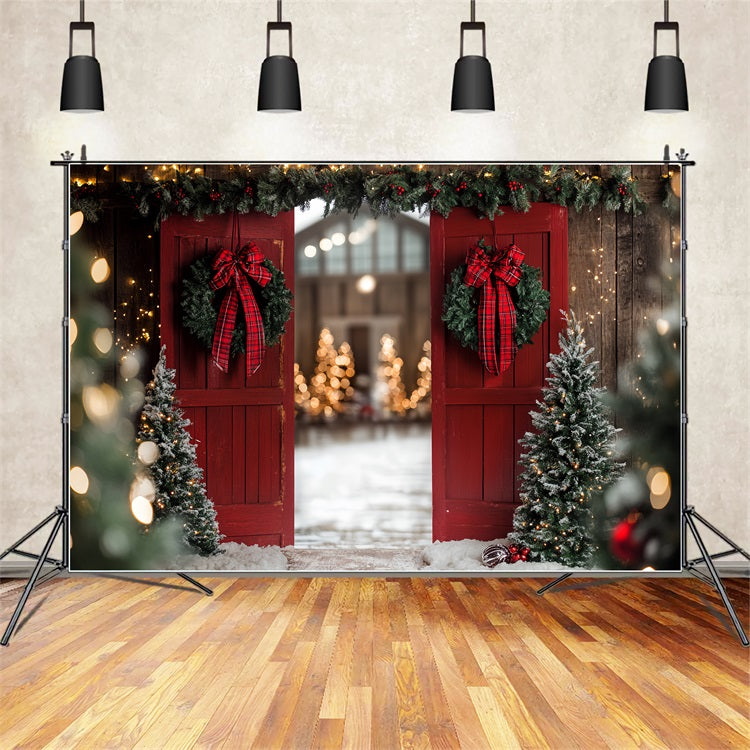 Red Barn Backdrop Christmas Entrance Bow Wreath Backdrop CSH4-223
