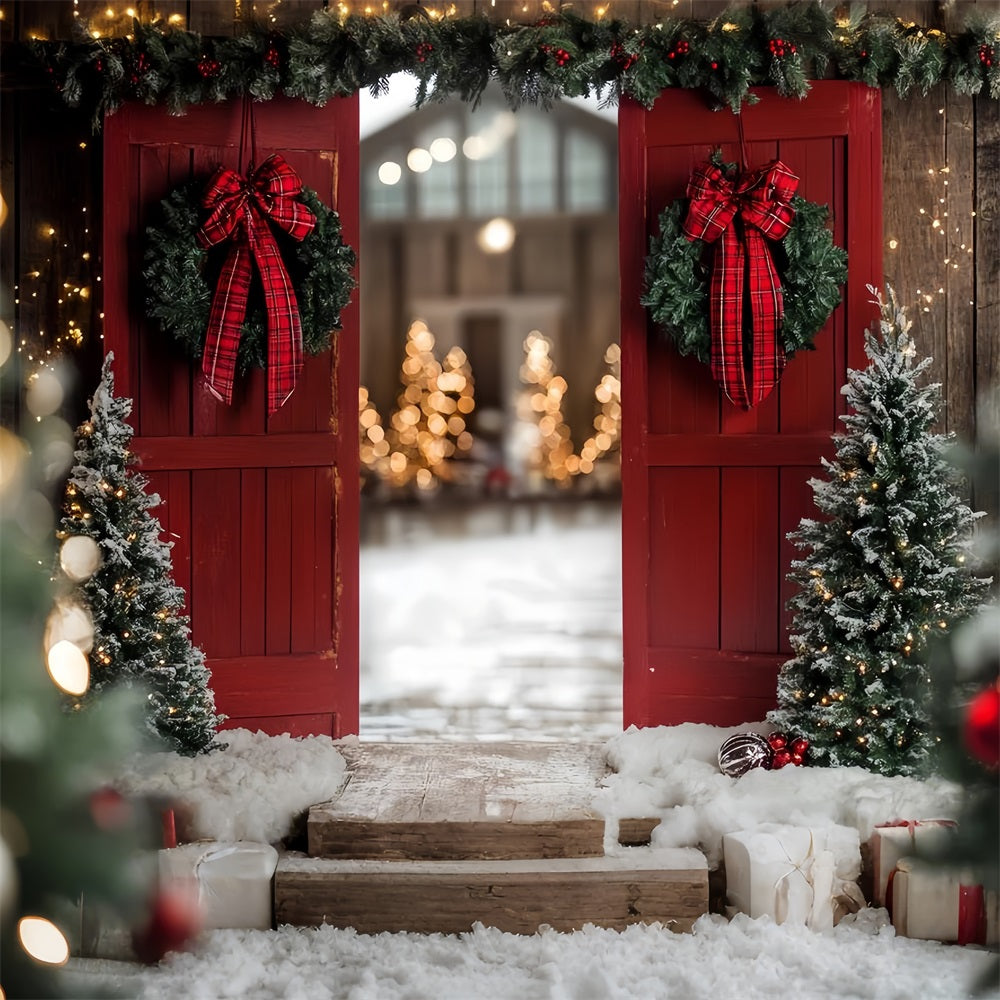 Red Barn Backdrop Christmas Entrance Bow Wreath Backdrop CSH4-223
