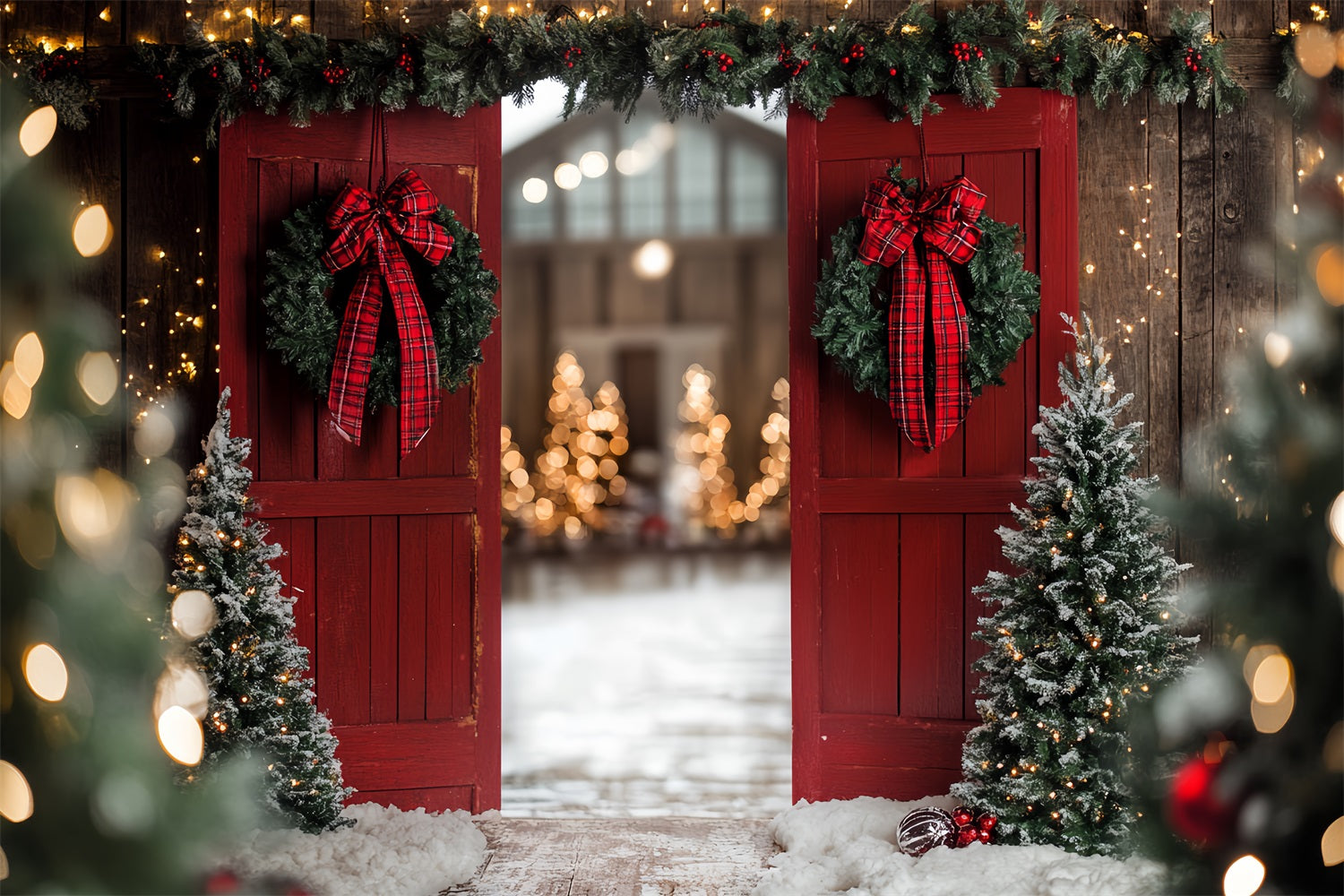 Red Barn Backdrop Christmas Entrance Bow Wreath Backdrop CSH4-223