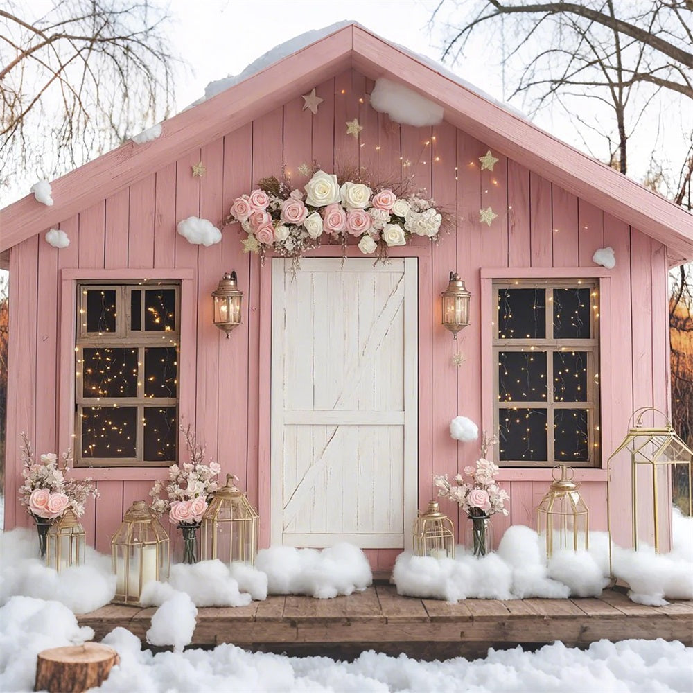 Pink Barn Backdrop House Snow Flowers Backdrop CSH4-226