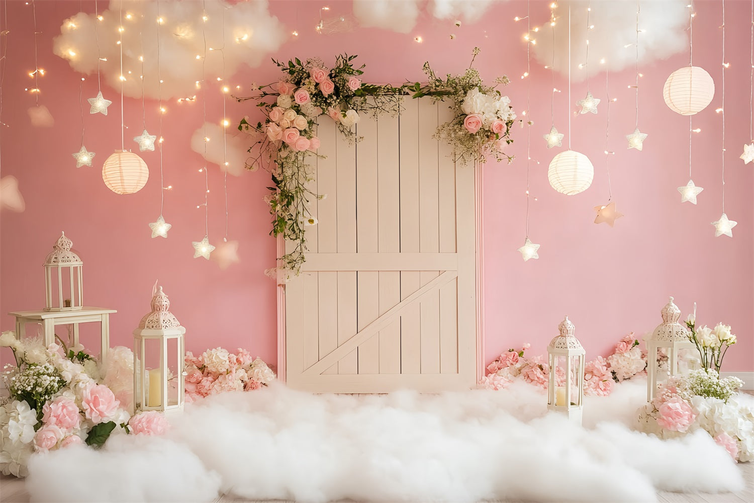 Pink Barn Backdrop Pink Cloud Lantern Lights Backdrop CSH4-227