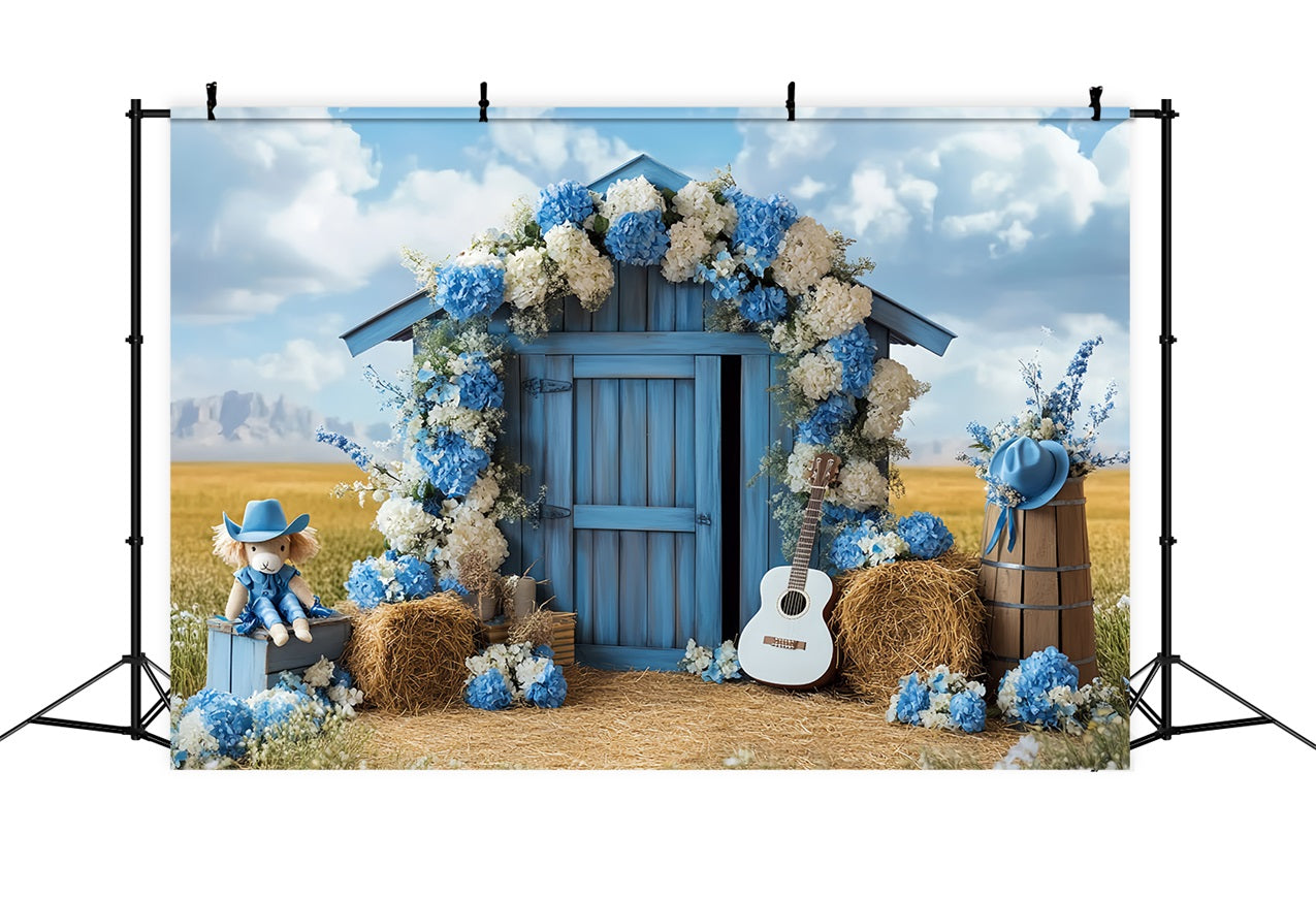 Barn Photo Backdrop Blue Floral Countryside Backdrop CSH4-231