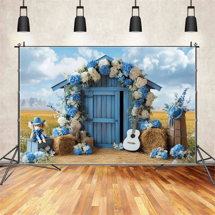 Barn Photo Backdrop Blue Floral Countryside Backdrop CSH4-231