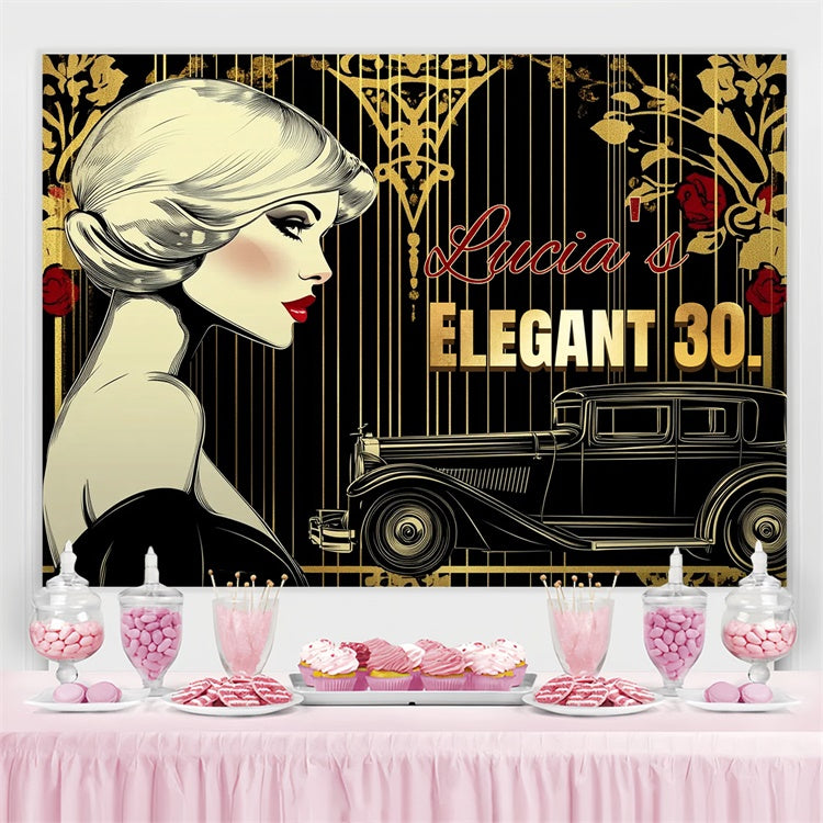 Personalized 30th Birthday Backdrop Golden Floral Black Art Backdrop CSH4-28