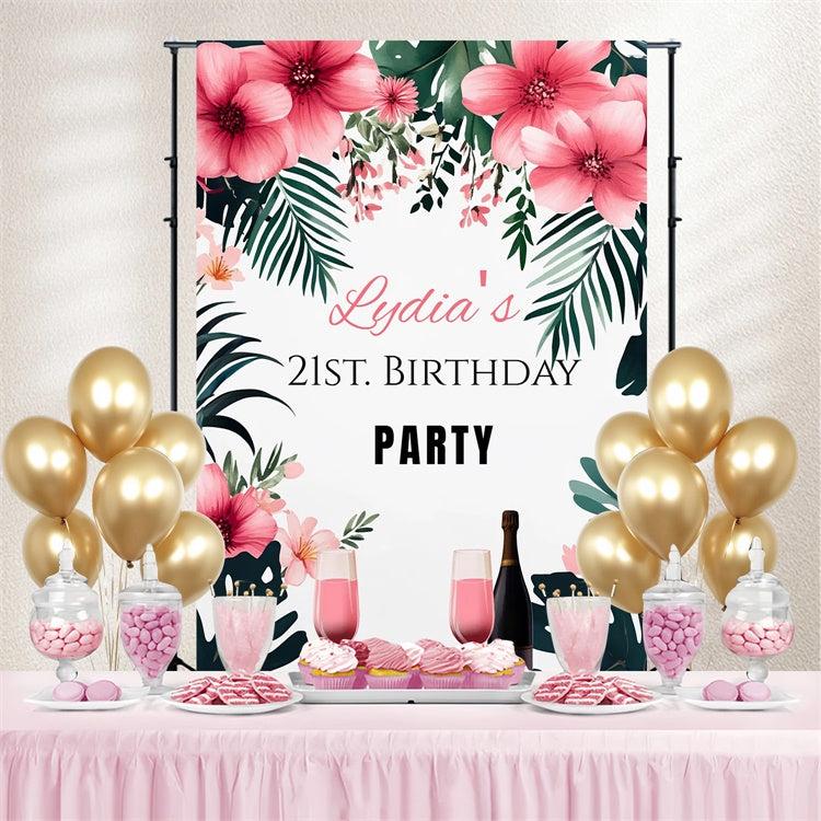 Personalized 21st Birthday Backdrop Pink Floral Palm Leaves Backdrop CSH4-37