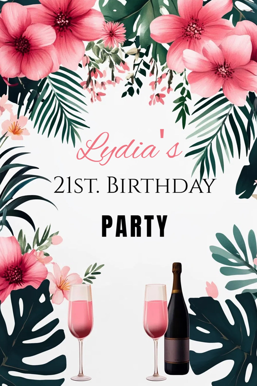 Personalized 21st Birthday Backdrop Pink Floral Palm Leaves Backdrop CSH4-37