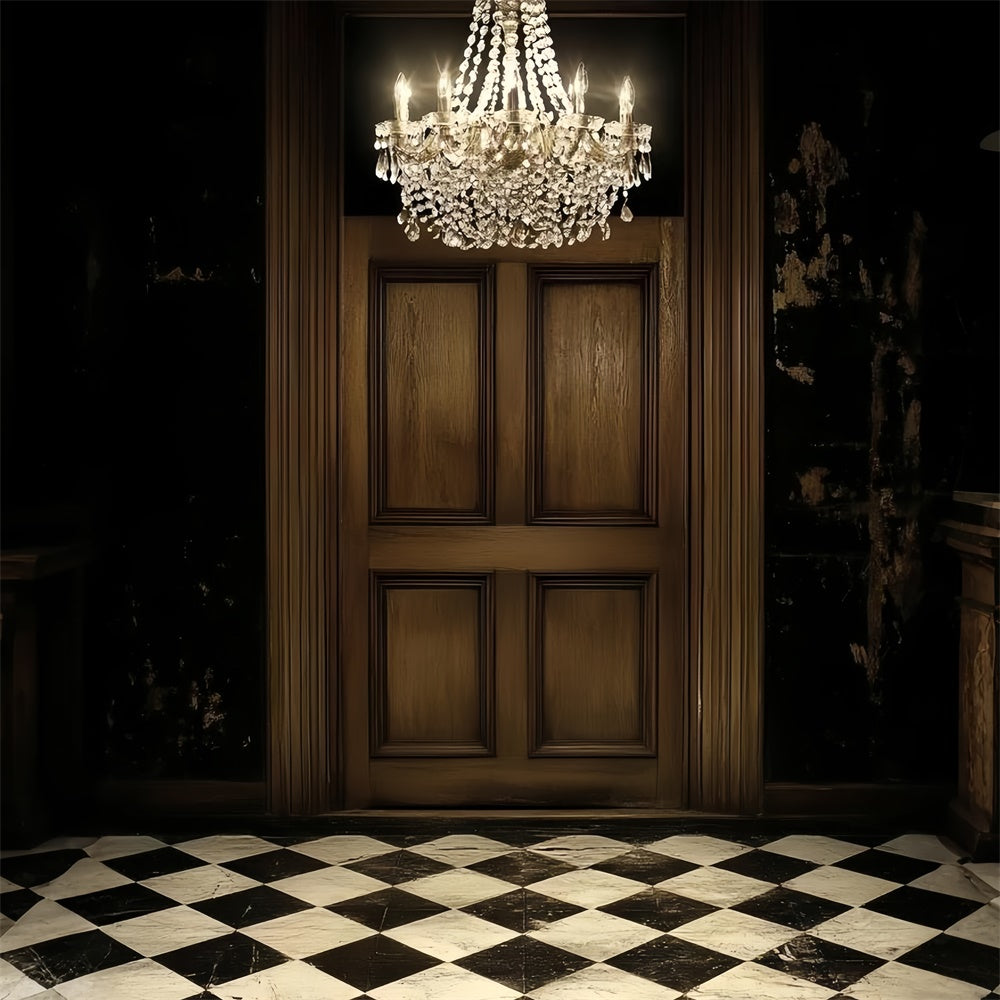 Retro Photo Backdrop Chandelier Wooden Door Vintage Backdrop CSH4-393