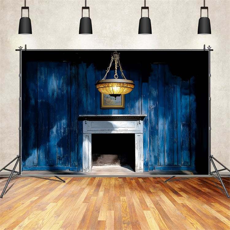 Retro Backdrop Blue Wooden Wall Fireplace Vintage Backdrops CSH4-398