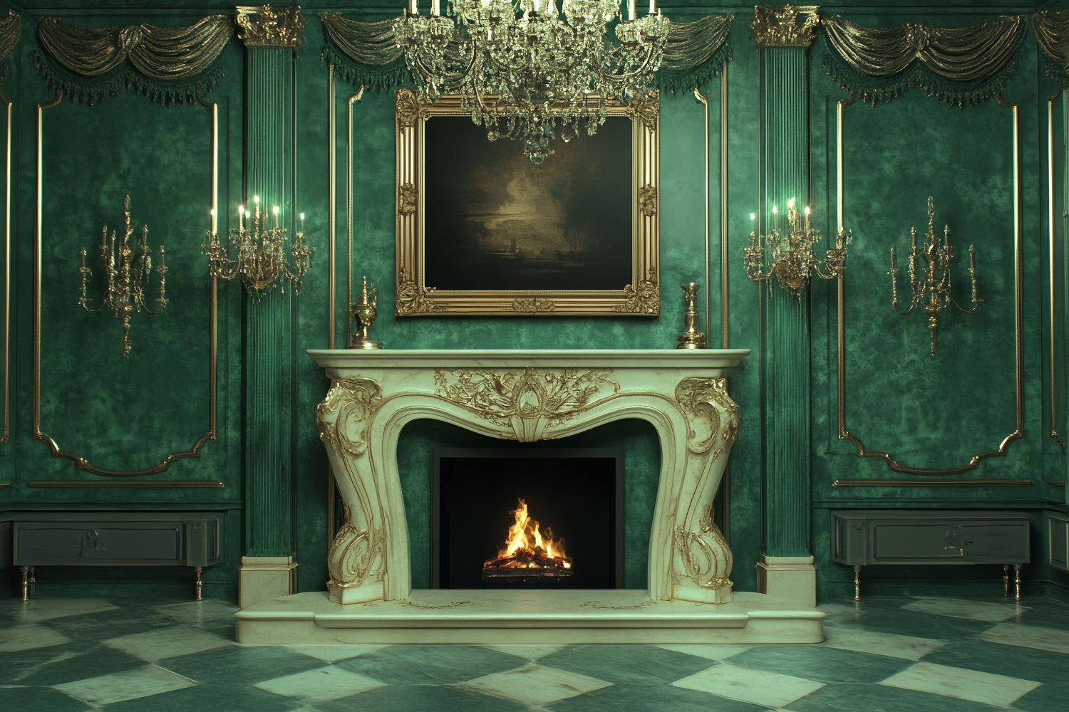 Victorian Photo Backdrop Luxurious Green Palace Vintage Backdrop CSH4-411