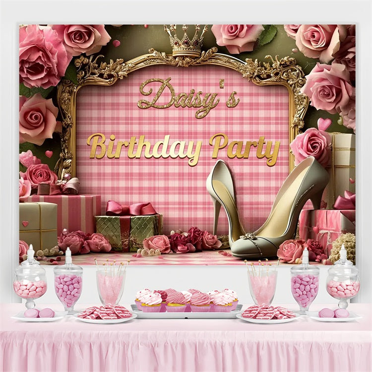 Personalized 50th Birthday Backdrop Heels Roses Crown Backdrop CSH4-63