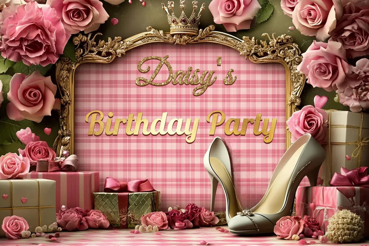 Personalized 50th Birthday Backdrop Heels Roses Crown Backdrop CSH4-63