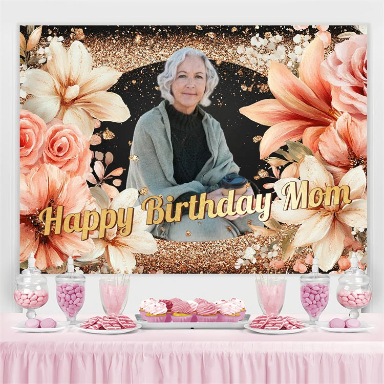Personalized 70th Birthday Backdrop Glittering Floral Backdrop CSH4-64