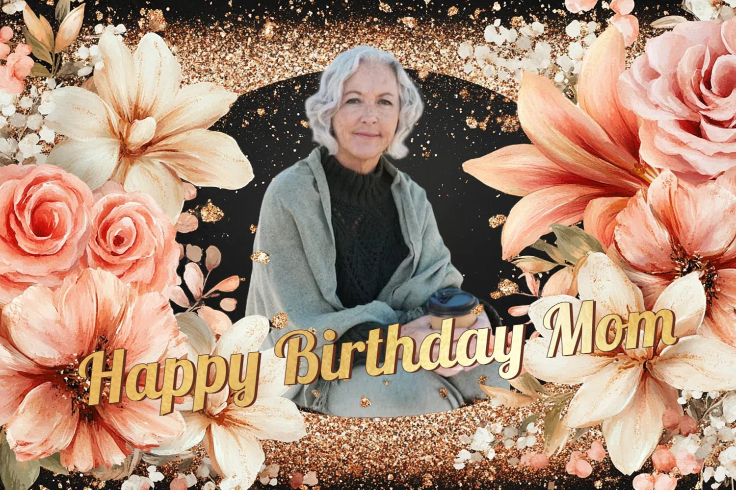 Personalized 70th Birthday Backdrop Glittering Floral Backdrop CSH4-64