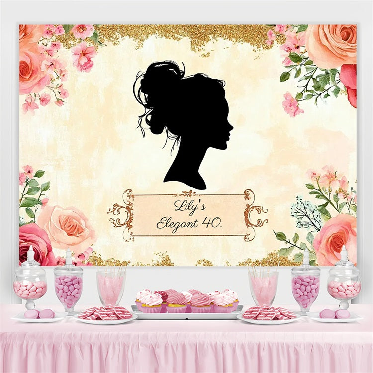 Personalized 40th Birthday Backdrop Lady Silhouette Roses Backdrop CSH4-65