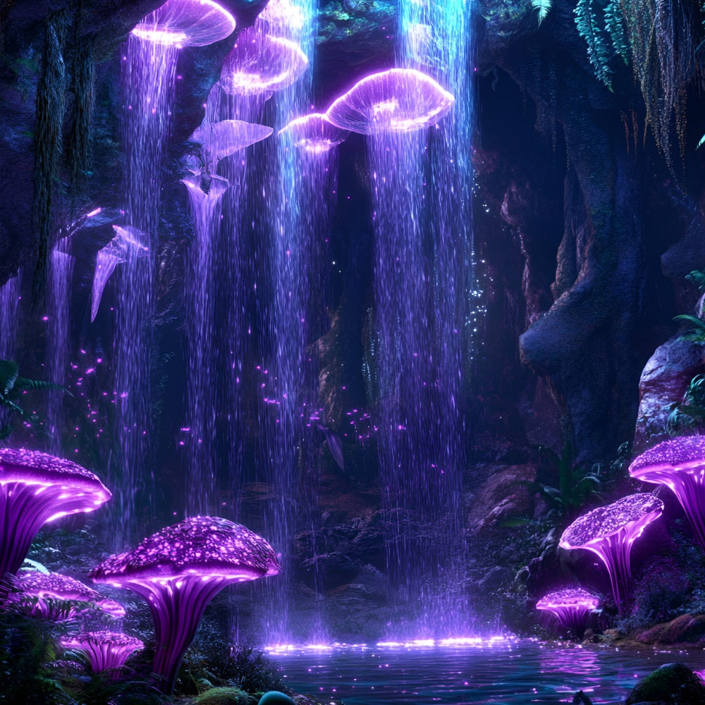 Backdrop Forest Glowing Mushroom Cave Waterfall Backdrop CSH4-76
