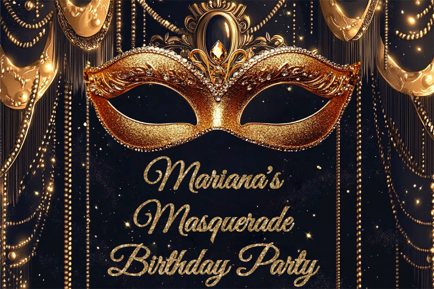Masquerade Party Backdrop Gold Sparkling Mask Custom Birthday Backdrop CSH5-255